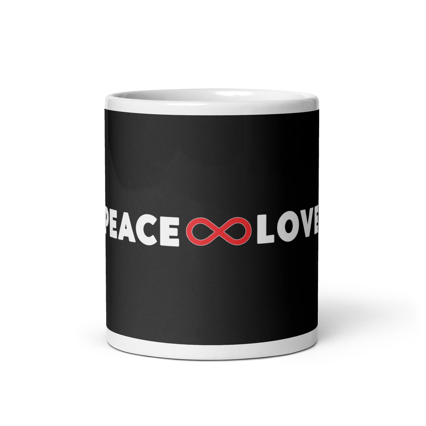 Peace and Love White glossy mug (Infinity Symbol)